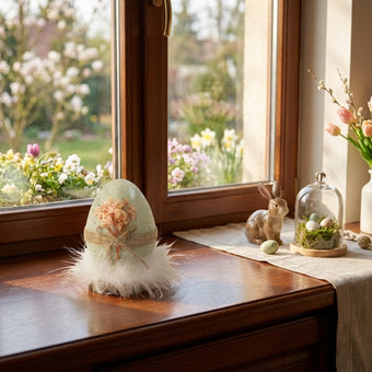 Ou decorativ de Paște verde cu flori și pene