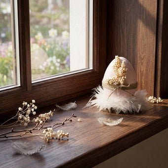 Ou decorativ de Paște roz cu flori și pene