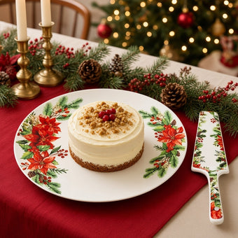 Set platou cu spatulă pentru tort, din porțelan pentru Crăciun, alb, 26cm