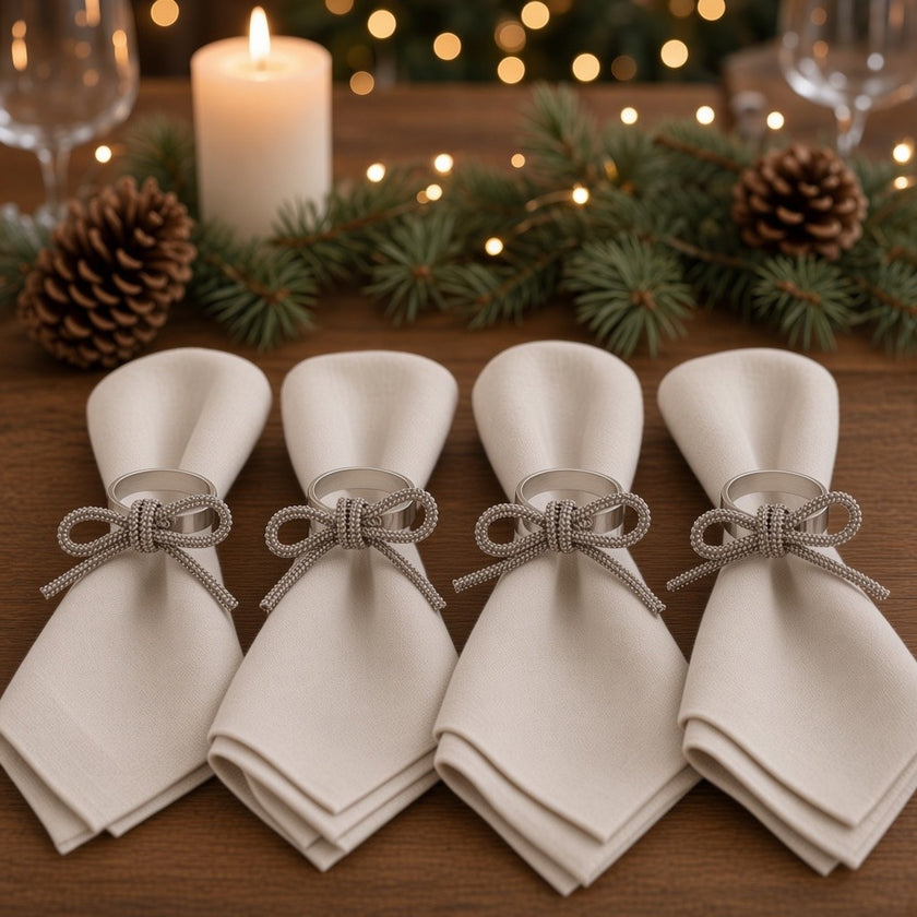 Set 4 inele pentru șervețele, cu fundă și pietre argintii, metal, 4cm