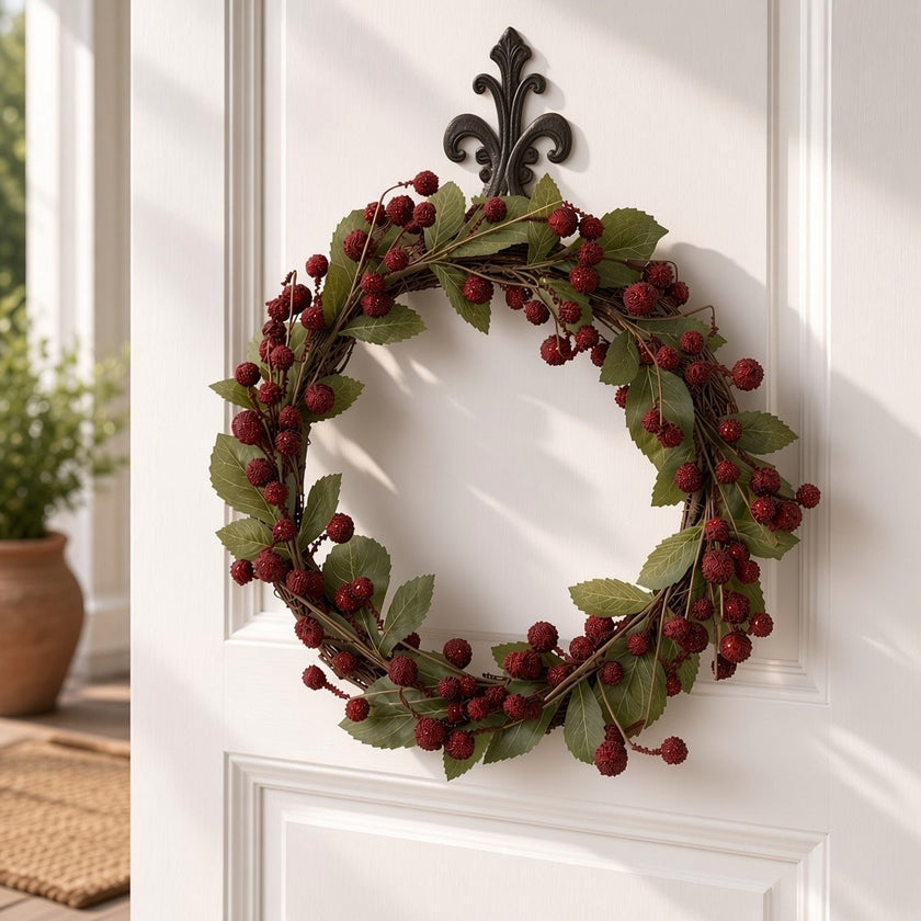 Coroniță decorativă de Crăciun cu bobițe roșii și frunze, 50cm