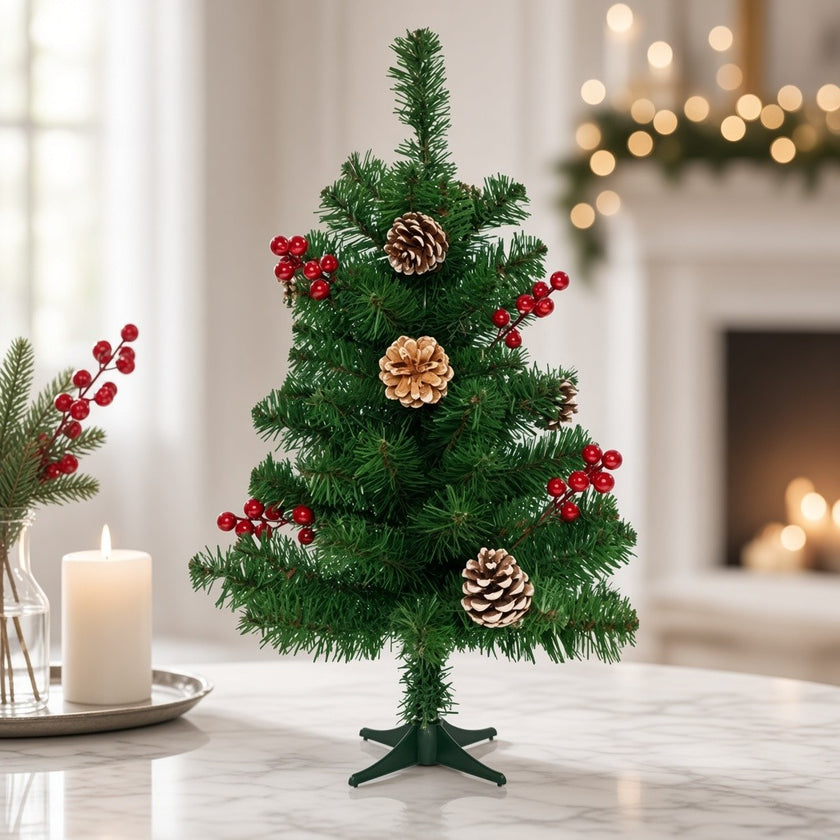 Brad artificial decorativ de masă cu conuri, 70 ramuri, verde, 60cm