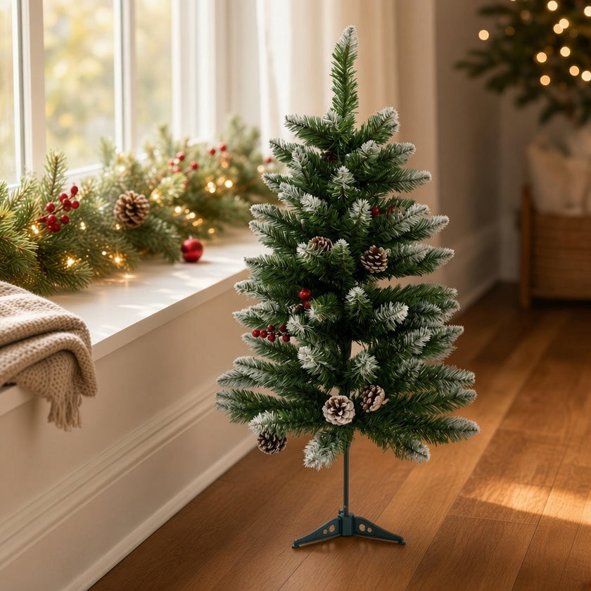 Brad artificial decorativ nins, cu conuri, verde, 90cm