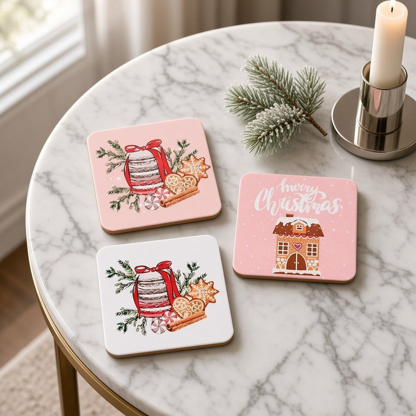 Set de 6 suporturi pentru pahare și căni de Crăciun, roz și alb, 9cm