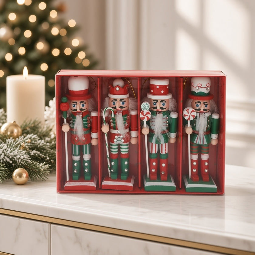 Set 4 spărgători de nuci din lemn pentru Crăciun, roșu și verde, 13cm
