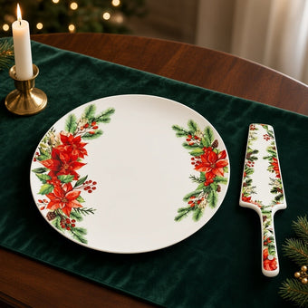 Set platou cu spatulă pentru tort, din porțelan pentru Crăciun, alb, 26cm
