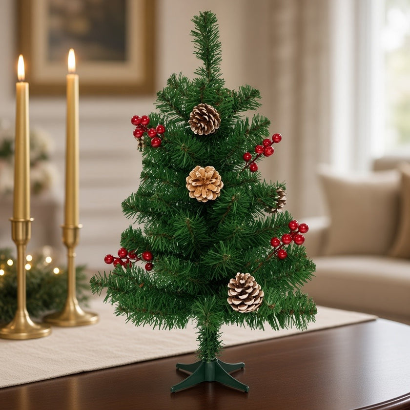 Brad artificial decorativ de masă cu conuri, 70 ramuri, verde, 60cm