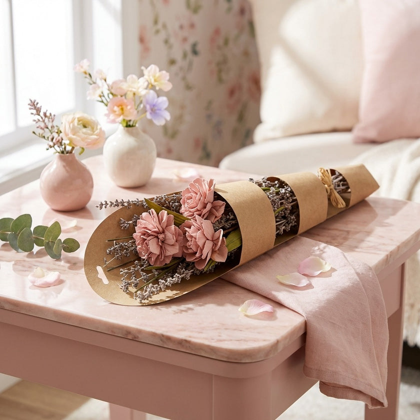 Buchet de flori uscate în nuanțe de roz prăfuit și lavandă uscată, așezat pe o măsuță roz dintr-un decor interior luminos.