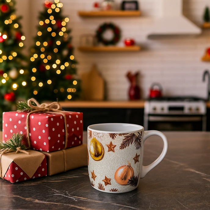 Cană albă de Crăciun cu globuri aurii și stele așezată pe un blat maro în bucătărie, lânga 3 cadouri împachetate de Crăciun