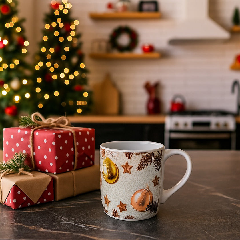 Cană albă de Crăciun cu globuri aurii și stele așezată pe un blat maro în bucătărie, lânga 3 cadouri împachetate de Crăciun
