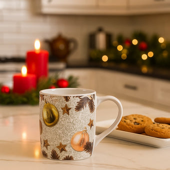 Cană albă de Crăciun cu globuri aurii și stele așezată pe un blat alb în bucătărie, lângă o farfurie cu fursecuri