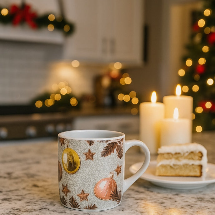 Cană albă de Crăciun cu globuri aurii și stele așezată pe un blat alb în bucătărie, lângă o felie de tort pe farfurie