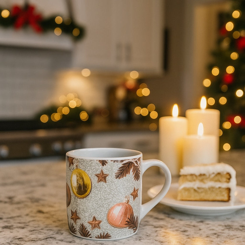 Cană albă de Crăciun cu globuri aurii și stele așezată pe un blat alb în bucătărie, lângă o felie de tort pe farfurie
