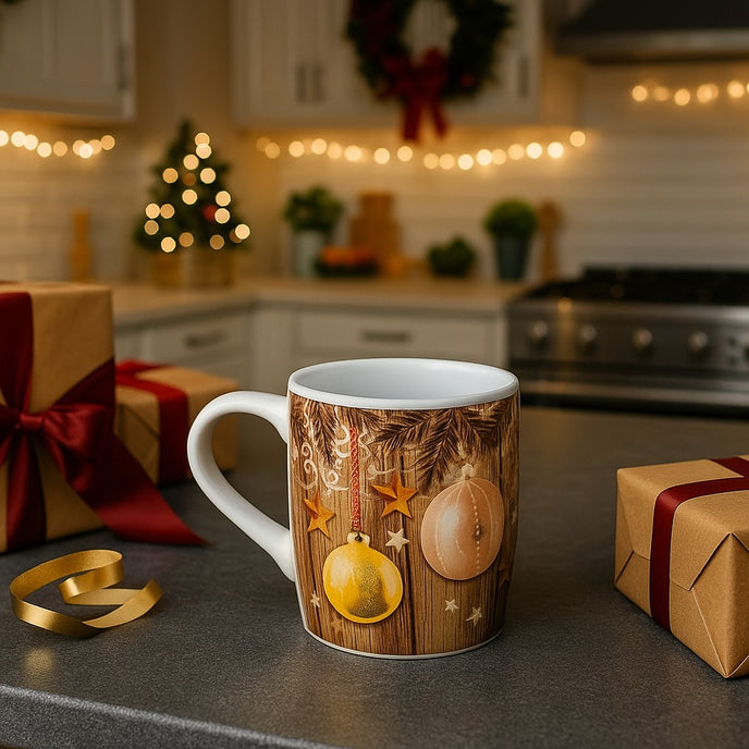 Cană albă rustică de Crăciun cu globuri și stele așezată pe un blat gri în buătărie, lângă cadouri împachetate de Crăciun
