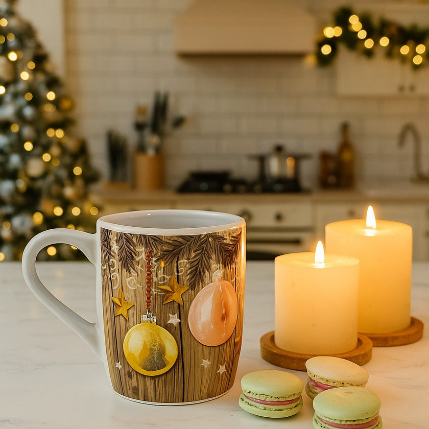 Cană albă rustică de Crăciun cu globuri și stele așezată pe un blat aln în bucătărie, lângă trei prăjituri macaron și două lumânări aprinse