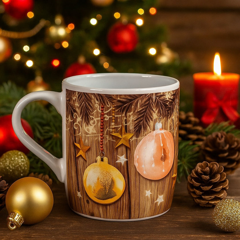 Cană albă rustică de Crăciun cu globuri și stele așezată pe o masă rustică de lemn, decorată de Crăciun