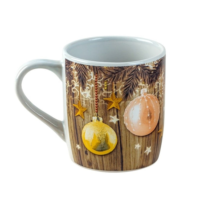 Cană albă rustică de Crăciun cu globuri și stele 