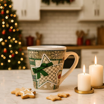 Cană de Crăciun cu stea și fundiță verde așezată pe un blat alb de bucătărie, lângă 3 fursecuri în formă de stea și 2 lumânări aprinse