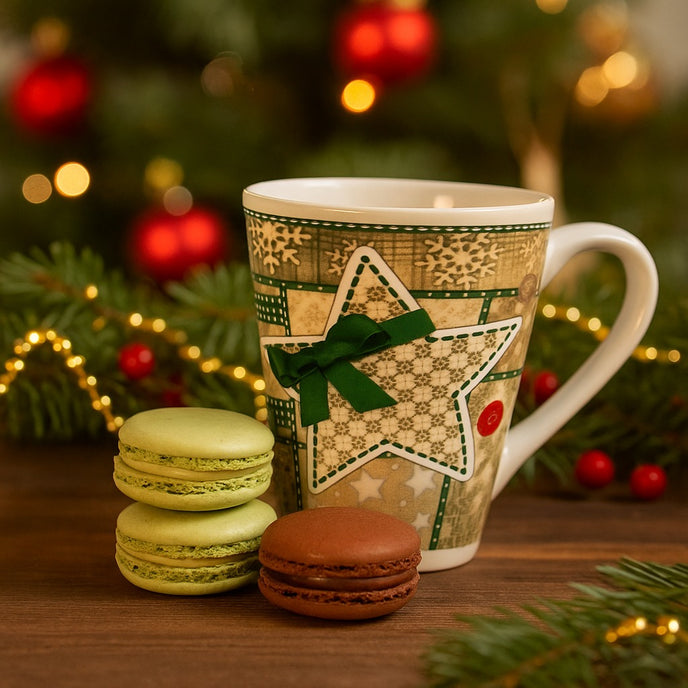 Cană de Crăciun cu stea și fundiță verde așezată pe o masă, lângă 3 prăjituri macaron