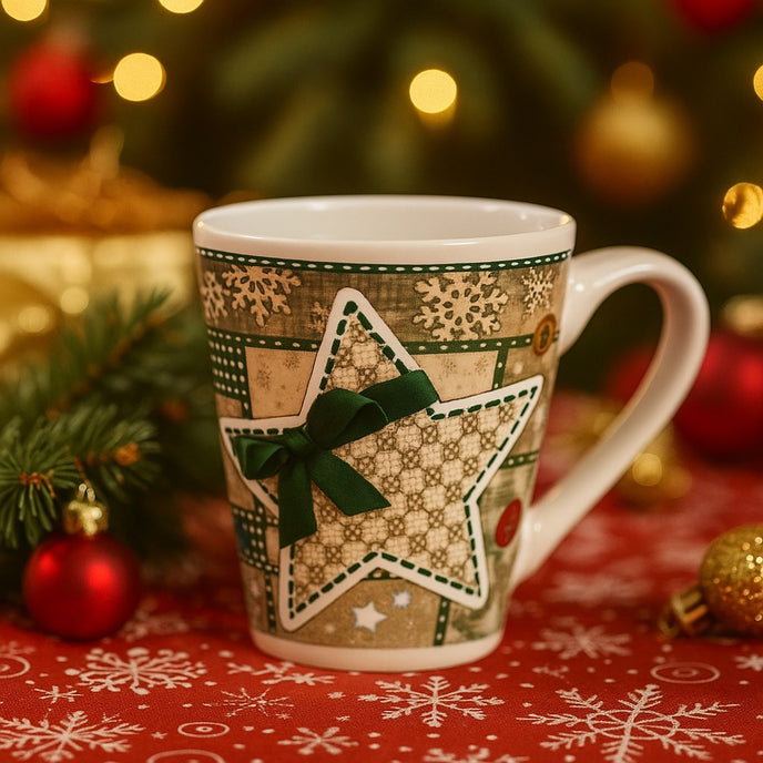 Cană de Crăciun cu stea și fundiță verde așezată pe o masă festivă, decorată de Crăciun