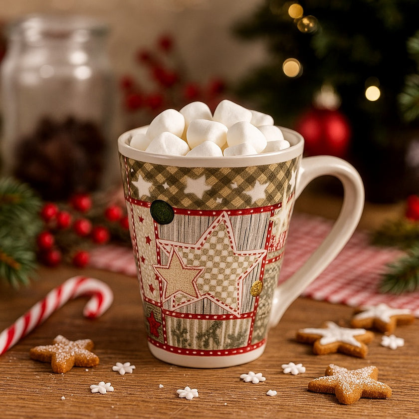 Cană de Crăciun cu stele, plină cu bezele, așezată pe o masă festivă de Crăciun