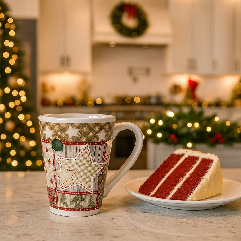 Cană de Crăciun cu stele așezată pe un blat de bucătărie, lângă o farfurie cu o felie de tort red velvet