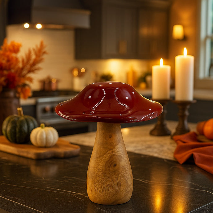 Ciupercă decorativă din lemn cu pălărie roșie așezată pe un blat negru din bucătărie. Blatul este decorat de toamnă