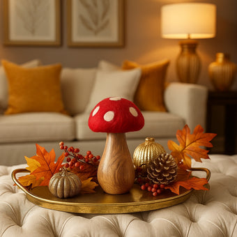 Ciupercă decorativă din lemn cu pălărie roșie și buline albe, așezată pe o tavă aurie, decorată de toamnă