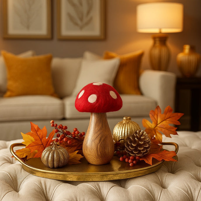 Ciupercă decorativă din lemn cu pălărie roșie și buline albe, așezată pe o tavă aurie, decorată de toamnă
