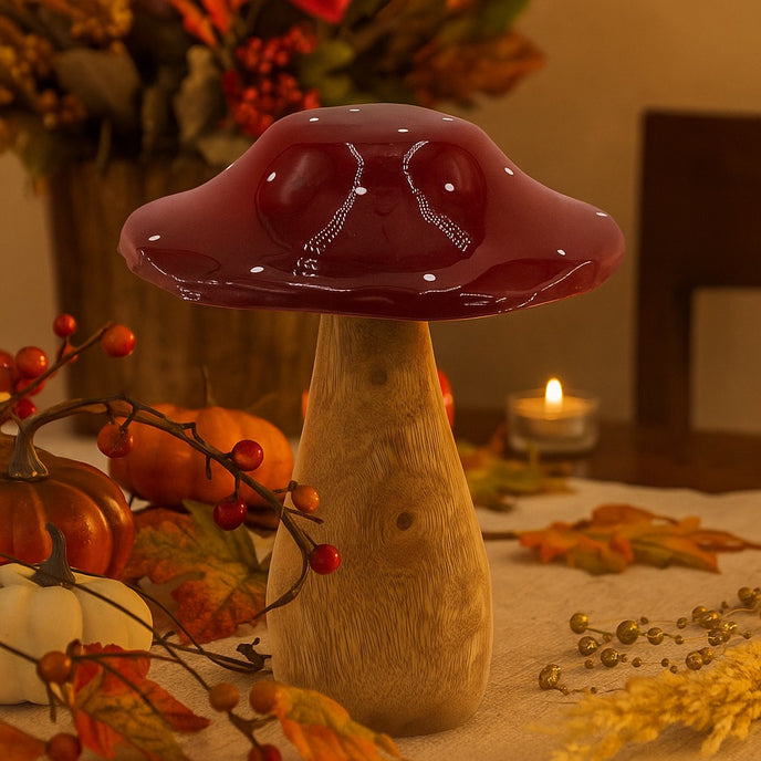 Ciupercă decorativă din lemn cu pălărie roșie așezată pe o masă cu decorațiuni de toamnă