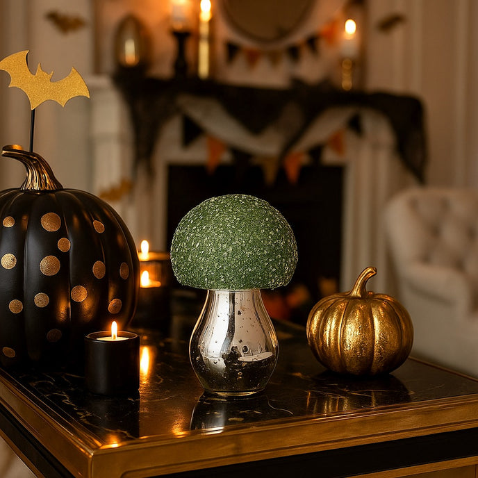 Ciupercă decorativă din sticlă, de culoare argintie și pălărie cu paiete verzi, așezată pe un bufet cu blat de marmură, decorat de Halloween