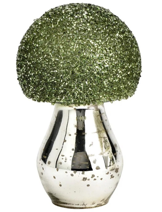 Ciupercă decorativă din sticlă, de culoare argintie și pălărie cu paiete verzi