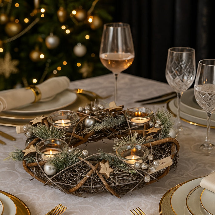 Coroniță Advent rustică cu suporturi pentru lumânări așezată pe o masă festivă decorată de Crăciun