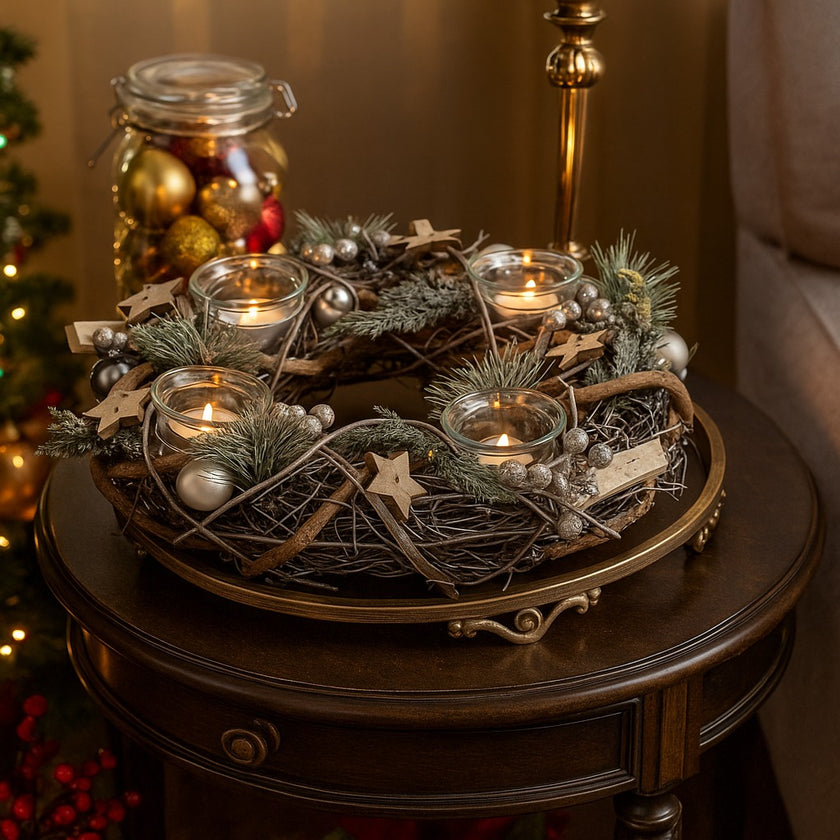 Coroniță Advent rustică cu suporturi pentru lumânări așezată pe masa maro din lemn, lângă o sofa