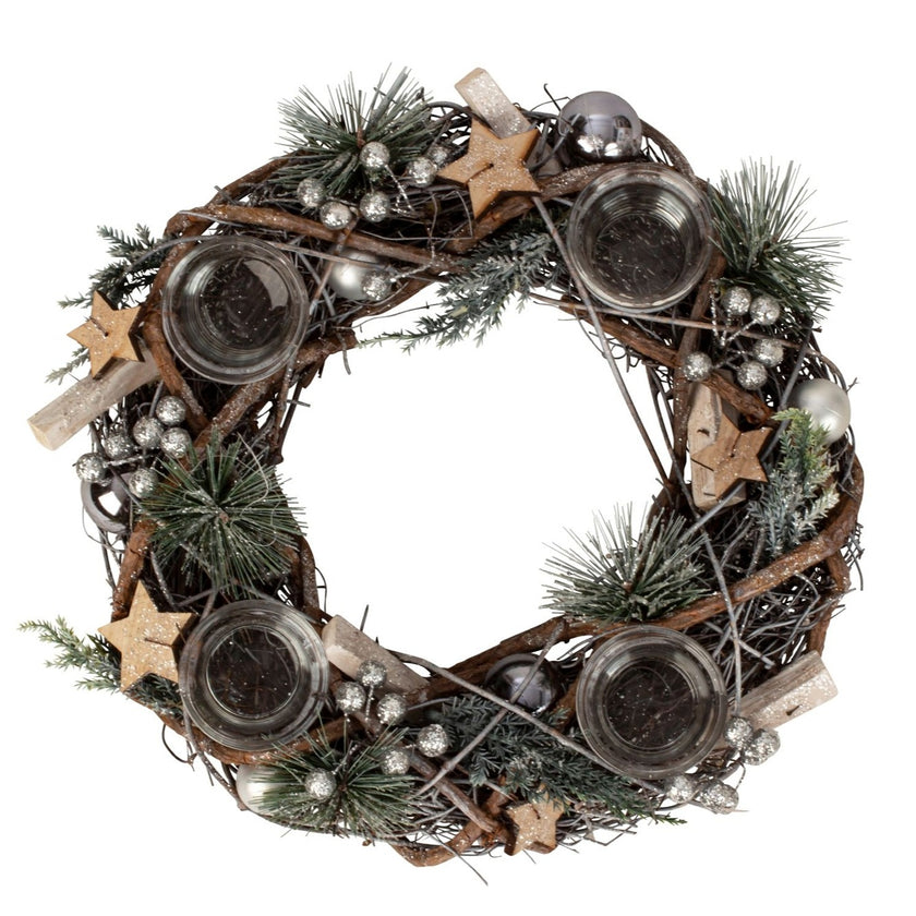 Coroniță Advent rustică cu suporturi pentru lumânări vazută de sus