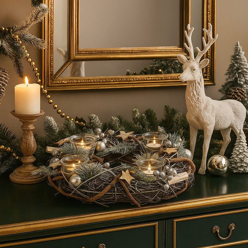 Coroniță Advent rustică cu suporturi pentru lumânări așezată pe un bufet verde, din lemn, decorat de Crăciun