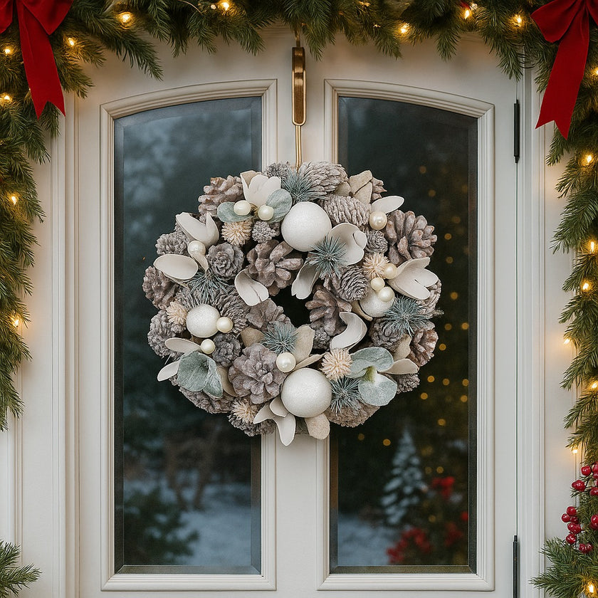 Coroniță de Crăciun cu conuri de brad și globuri albe agățată în exterior, pe un geam cu ramă albă, decorat de Crăciun