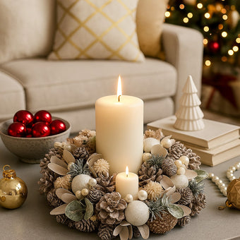 Coroniță de Crăciun cu conuri de brad și globuri albe așezată pe o masă decorată cu globuri de Crăciun. O lumânare aprinsă, este pusă în mijlocul coroniței