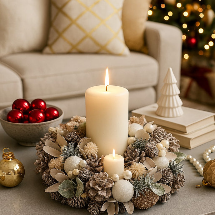 Coroniță de Crăciun cu conuri de brad și globuri albe așezată pe o masă decorată cu globuri de Crăciun. O lumânare aprinsă, este pusă în mijlocul coroniței