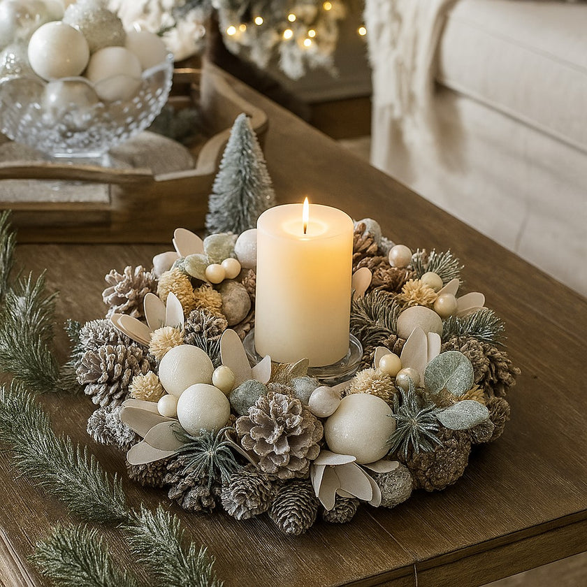 Coroniță de Crăciun cu conuri de brad și globuri albe așezată pe o masa maro, decorată de Crăciu. Coronița are o lumânare aprinsă, in mijlocul ei
