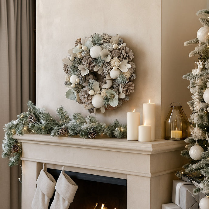 Coroniță de Crăciun cu conuri de brad și globuri albe agățată pe un perete, deasupra unui șemineu alb, decorat de Crăciun
