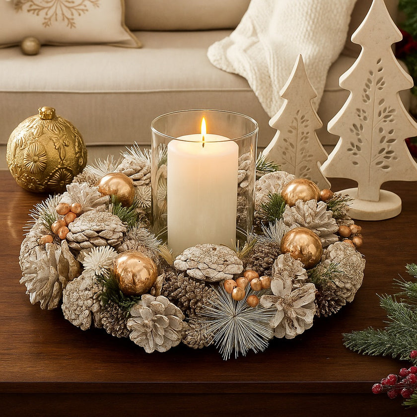 Coroniță de Crăciun cu conuri ninse și globuri aurii, așezată pe o masă de lemn, deocrată de Crăciun. Coronița are așezată  în mijloc, o lumânare aprinsă