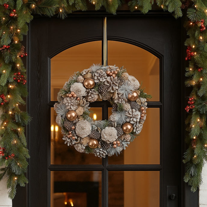 Coroniță de Crăciun cu conuri ninse și globuri aurii, agățată pe o ușă de intrae, din lemn și sticlă, decorată de Crăciun