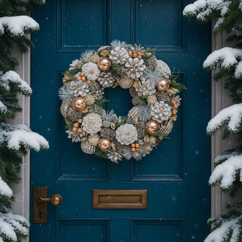 Coroniță de Crăciun cu conuri ninse și globuri aurii, agățată pe o ușă de intrare, albastră, decorată de Crăciun1