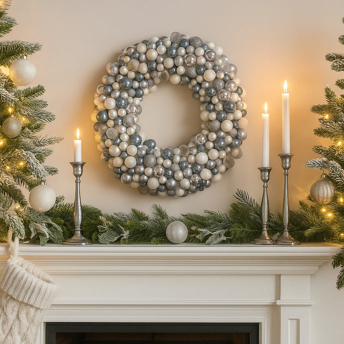 Coroniță de Crăciun cu globuri argintii și albe, agățată pe un perete alb, deasupra unui șemineu alb, decorat de Crăciun