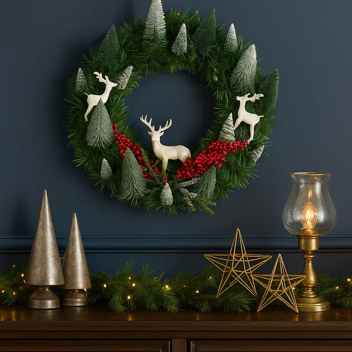 Coroniță de Crăciun, verde cu brazi ninși și reni agățată pe un perete albastru, deasupra unui bufet de lemn maro, decorat de Crăciun