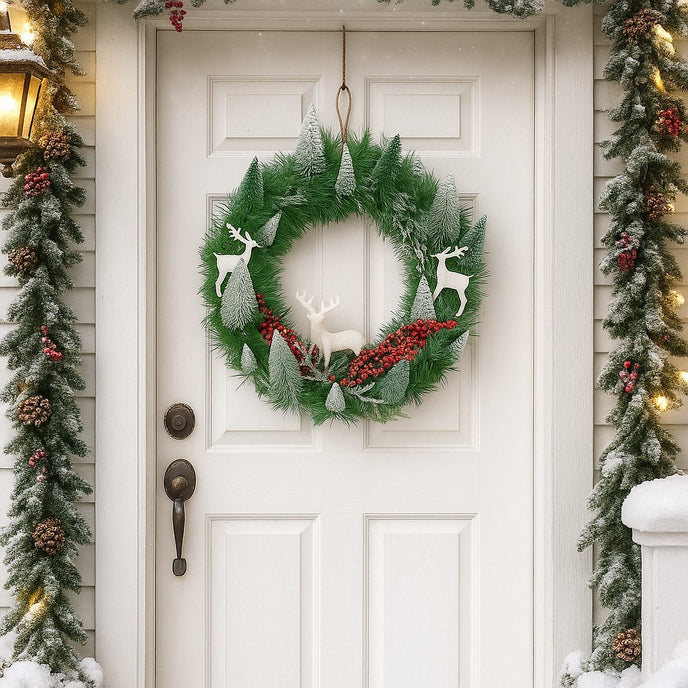 Coroniță de Crăciun, verde cu brazi ninși și reni agățată pe o ușă de intare, albă, decorată de Crăciun