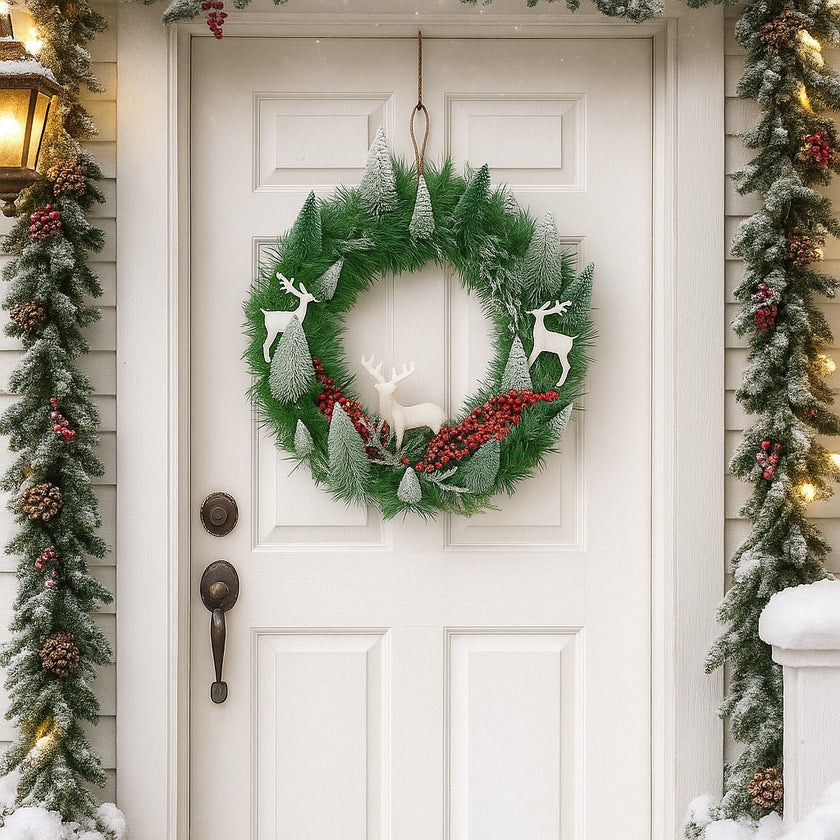 Coroniță de Crăciun, verde cu brazi ninși și reni agățată pe o ușă de intare, albă, decorată de Crăciun