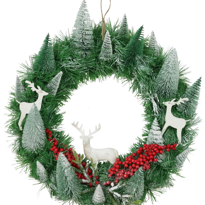 Coroniță de Crăciun, verde cu brazi ninși și reni 