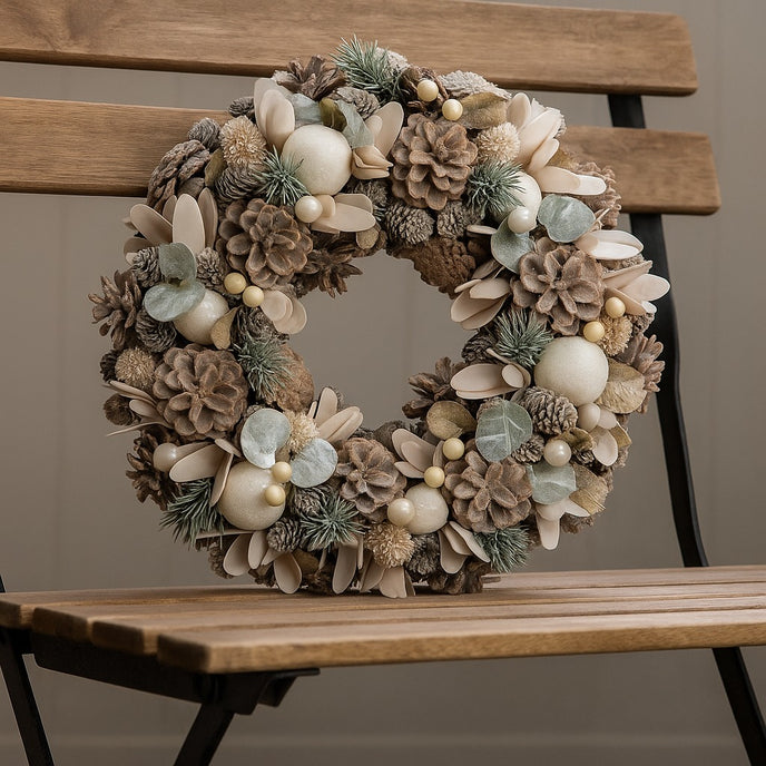 Coroniță de Crăciun cu conuri de brad și globuri albe așezată pe o bancă de lemn